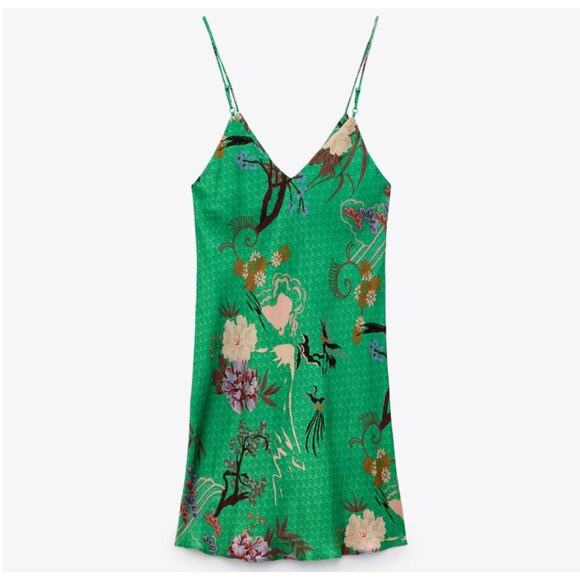 Zara Green Satin Effect Bird Print Slip Dress size Medium - Picture 6 of 8